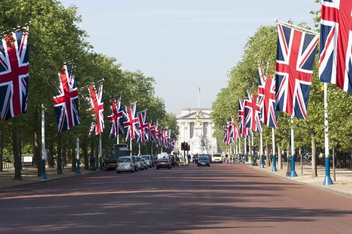 Union Jack flags lining the Mall towards Buckingham Palace for state occasion, London, England, Britain