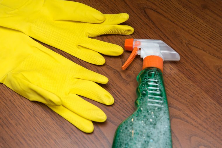 Cleaning concept. Cleaning tools: spray, rubber gloves and sponge
