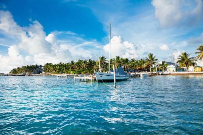 Panoramic view from sea at Caye Caulker dock. Caye Caulker is a small island located approximately 20 miles from Belize City Belize.
