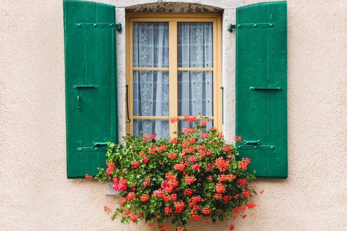 Vintage window with flowers and shutters in Switzerland