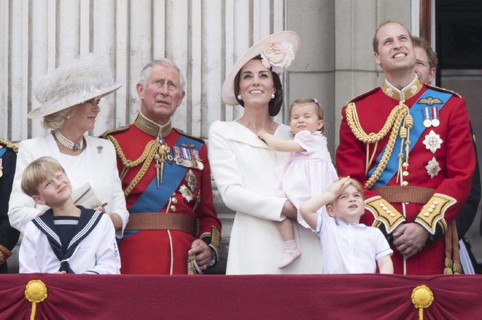 Camilla Duchess of Cornwall, Prince Charles, Catherine Duchess of Cambridge, Princess Charlotte of Cambridge, Prince George, Prince William watch the flypast from tha balcony of Buckingaham Palace
