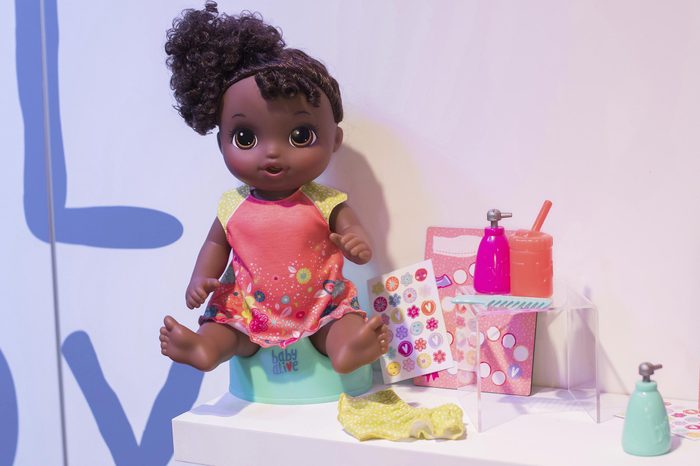 The BABY ALIVE POTTY DANCE doll sits on her own potty and sings a song, at the American International Toy Fair on in New York