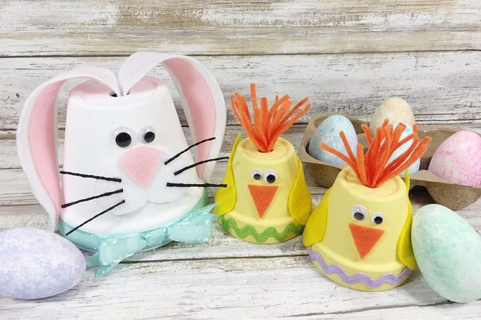 cute chick and bunny clay pots craft idea
