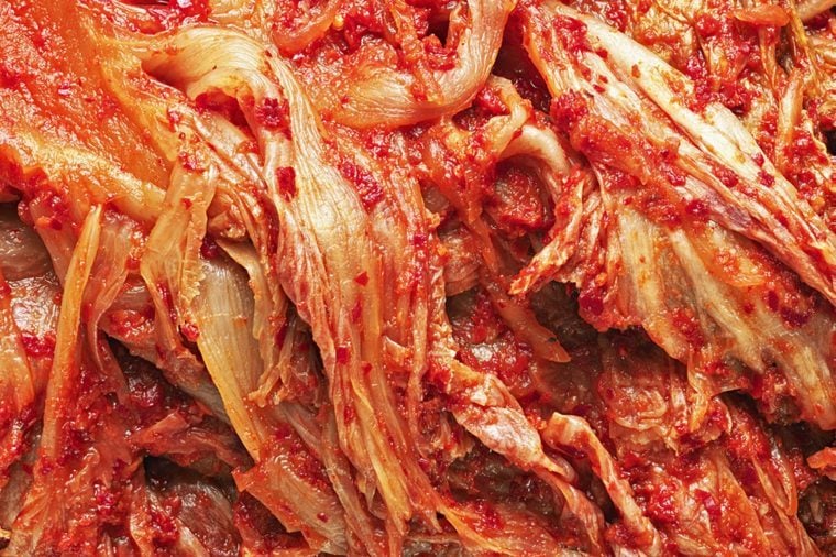 close up of rustic korean fermented cabbage kimchi food background