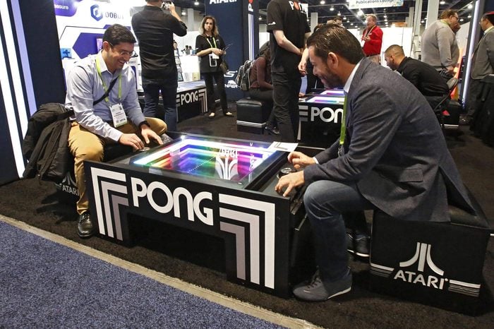 People play Pong the Atari game on opening day at the 2018 International Consumer Electronics Show in Las Vegas, Nevada, USA, 09 January 2018. The annual CES which takes place from 9-12 January is a place where industry manufacturers, advertisers and tech-minded consumers converge to get a taste of new innovations coming to the market each year.