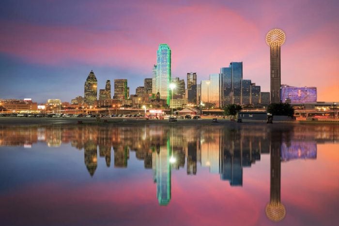 Dallas, Texas cityscape with blue sky at sunset, Texas
