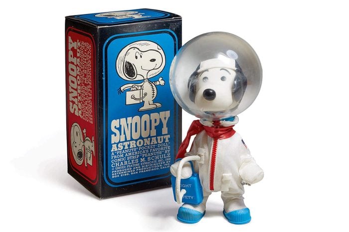 A handout photo made available by Sotheby's on 14 July 2017 showing a signed 'Snoopy' astronaut doll, which was the mascot of the Apollo 10 LM crew, with the original display box, to be auctioned on 20 july 2017 at Sotheby's in New York City, USA. The doll is expected to 2,000 to 3,000 US Dollars (about 1750 to 2600 euros).