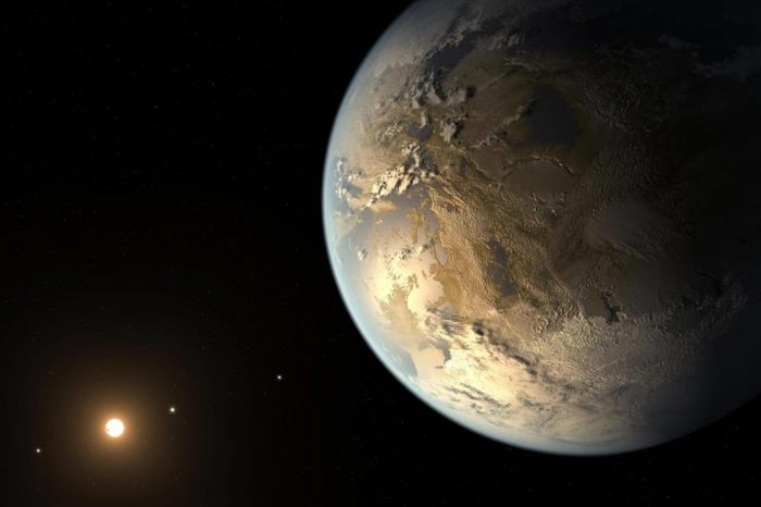 This artist concept depicts Kepler-186f, the first validated Earth-size planet to orbit a distant star in the habitable zone, a range of distance from a star where liquid water might pool on the planet surface.