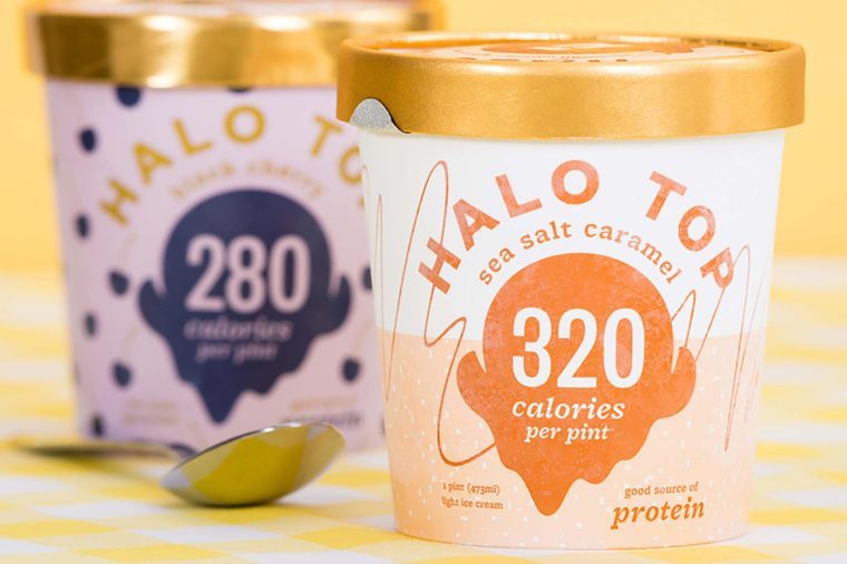 DALLAS, TEXAS - SEPTEMBER 15, 2017: Pint of Halo Top, high-protein, low-sugar and low-calorie Ice Cream in sea salt caramel flavor. The diet-friendly Halo Top Creamery ice cream was launched in 2012.