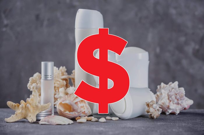 perfume and deodorant with seashells with dollar sign overlay