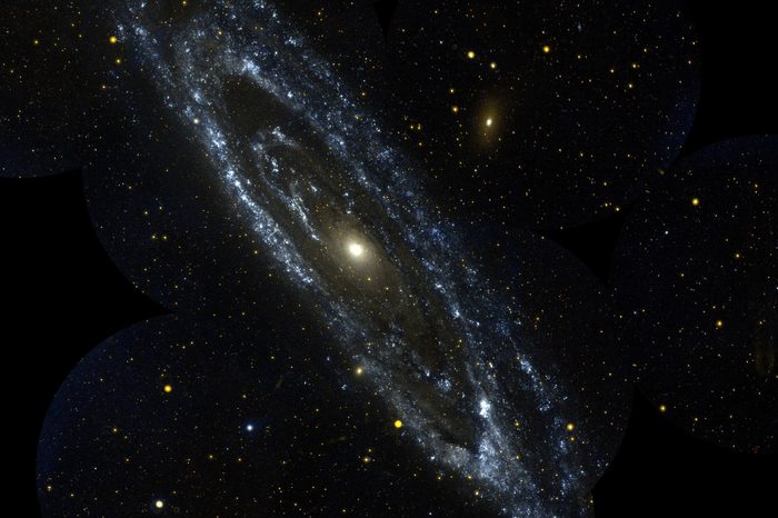 This image is from NASA Galaxy Evolution Explorer is an observation of the large galaxy in Andromeda, Messier 31. The Andromeda galaxy is the most massive in the local group of galaxies that includes our Milky Way.