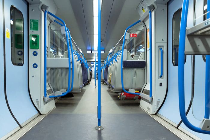 Fast train. London, England. Underground train in London. Seats in subway. 