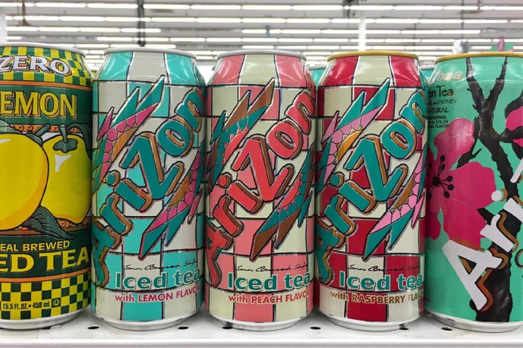 San Leandro, CA - October 18, 2017: Grocery store shelf with cans of Arizona brand iced teas. Arizona is America's number one selling brand of ice teas.
