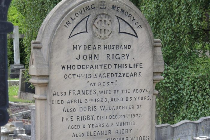 Liverpool, England, June 16, 2012, A grave marked with the name of Eleanor Rigby in the churchyard of St. Peters Church, where John Lennon and Paul McCartney first met