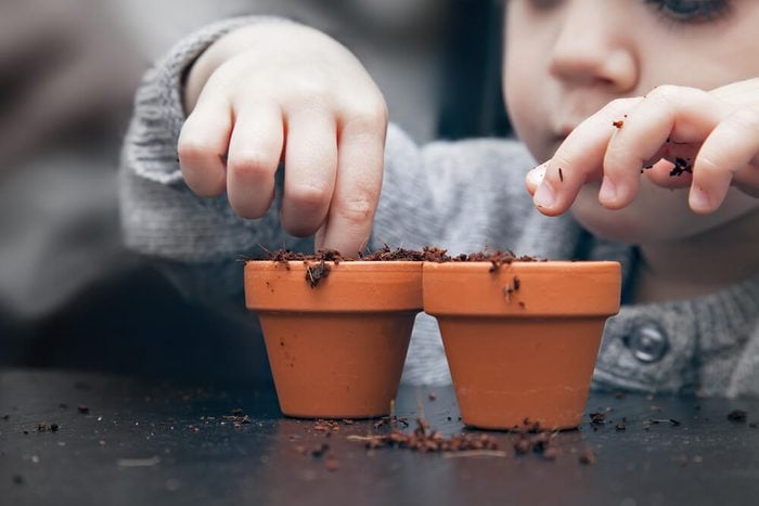 April fools pranks for kids. child fingers in potted dirt