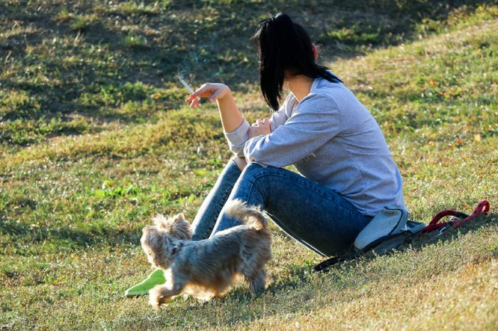 Smoking concept - a young girl with a dog sitting in a park having a cigarette