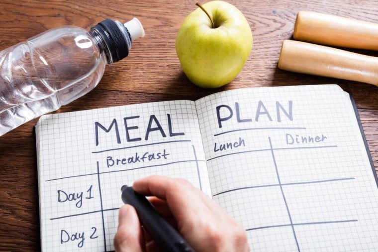 High Angle View Of A Person Hand Filling Meal Plan In Notebook At Wooden Desk