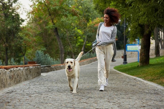 Funny healthy african lady running in the morning with her dog in park in the morning