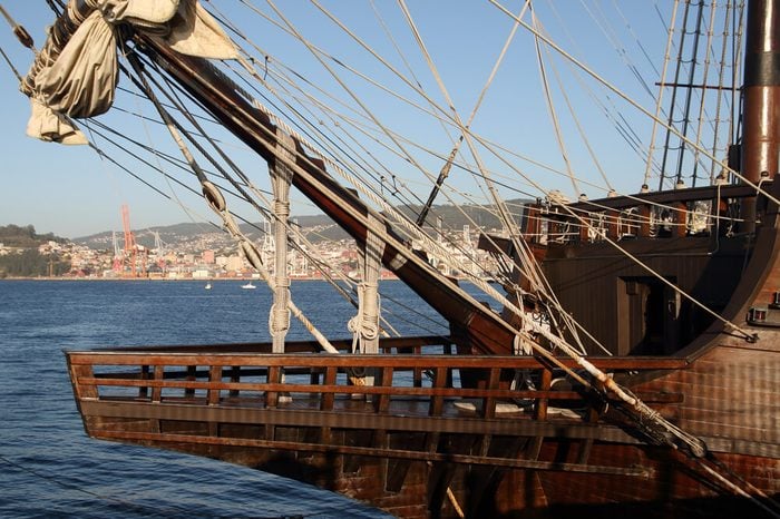 Spanish galleon of the 17th century in the port of Vigo city
