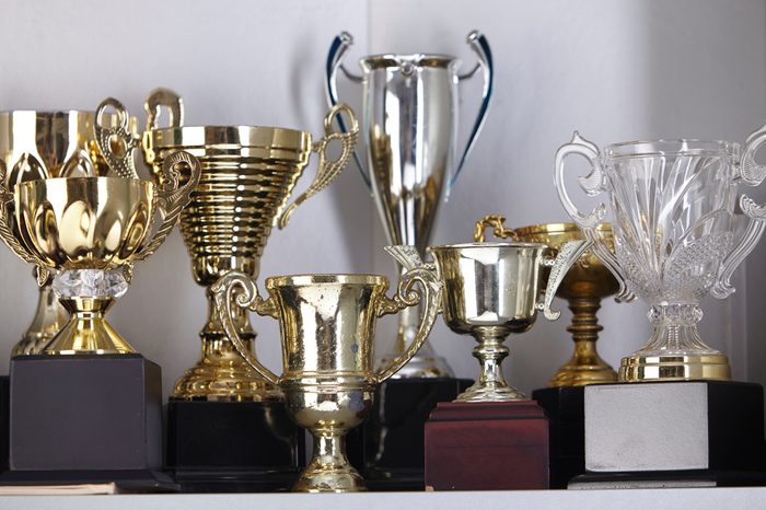 group of trophy displayed on the shelf