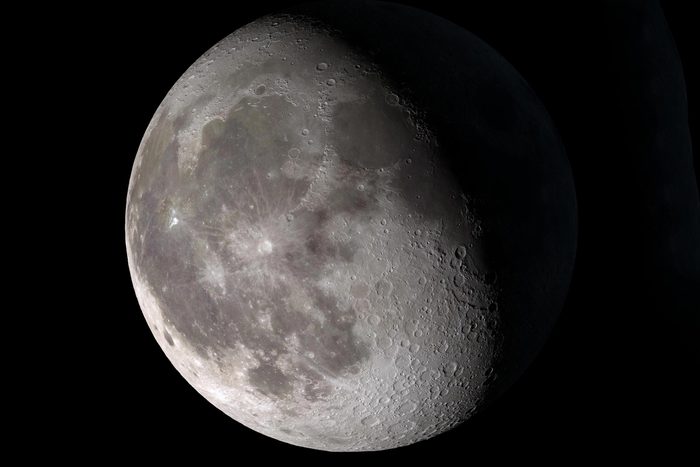 Waning gibbous. Rises after sunset, high in the sky after midnight, visible to the southwest after sunrise. This marks the first time that accurate shadows at this level of detail are possible in such a computer simulation. The shadows are based on the global elevation map being developed from measurements by the Lunar Orbiter Laser Altimeter (LOLA) aboard the Lunar Reconnaissance Orbiter (LRO). LOLA has already taken more than 10 times as many elevation measurements as all previous missions combined. The Moon always keeps the same face to us, but not exactly the same face. Because of the tilt and shape of its orbit, we see the Moon from slightly different angles over the course of a month. When a month is compressed into 12 seconds, as it is in this animation, our changing view of the Moon makes it look like it's wobbling. This wobble is called libration. The word comes from the Latin for "balance scale" (as does the name of the zodiac constellation Libra) and refers to the way such a scale tips up and down on alternating sides. The sub-Earth point gives the amount of libration in longitude and latitude. The sub-Earth point is also the apparent center of the Moon's disk and the location on the Moon where the Earth is directly overhead. The Moon is subject to other motions as well. It appears to roll back and forth around the sub-Earth point. The roll angle is given by the position angle of the axis, which is the angle of the Moon's north pole relative to celestial north. The Moon also approaches and recedes from us, appearing to grow and shrink. The two extremes, called perigee (near) and apogee (far), differ by more than 10%. The most noticed monthly variation in the Moon's appearance is the cycle of phases, caused by the changing angle of the Sun as the Moon orbits the Earth. The cycle begins with the waxing (growing) crescent Moon visible in the west just after sunset. By first quarter, the Moon is high in the sky at sunset and sets around midnight. The full Moon rises at sunset and is high in the sky at midnight. The third quarter Moon is often surprisingly conspicuous in the daylit western sky long after sunrise. Celestial north is up in these images, corresponding to the view from the northern hemisphere. The descriptions of the print resolution stills also assume a northern hemisphere orientation. To adjust for southern hemisphere views, rotate the images 180 degrees, and substitute "north" for "south" in the descriptions.