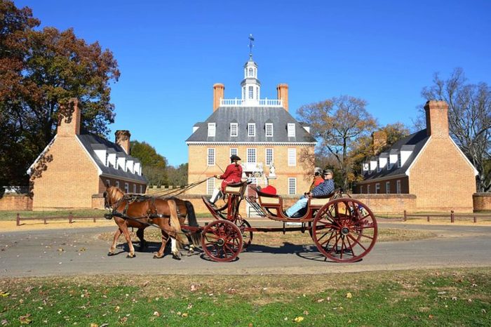 WILLIAMSBURG, VIRGINIA - NOVEMBER 19 2014: The Governors Palace in Colonial Williamsburg, Virginia. It was reconstructed on the original site after a fire destroyed it in the 1930's.