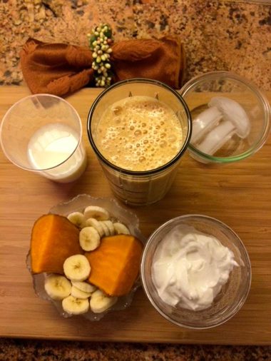sweet potatoes, banana slices, yogurt, and smoothies in glasses