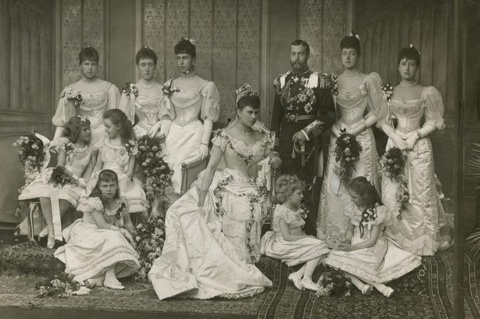 Wedding of King George V Then Duke of York to Princess Victoria Mary of Teck Later Queen Mary On 6 July 1893 the Couple Are Attended by Numerous Bridesmaids Back Row From Left Princess Alexandra of Edinburgh Princess Helena Victoria of Schlweswig-holstein Princess Victoria Melita of Edinburgh Princess Victoria of Wales and Princess Maud of Wales Front Row From Left Princess Alice of Battenberg Princess Margaret of Connaught Princess Beatrice of Edinburgh (seated) Princess Ena of Battenberg and Princess Patricia of Connaught 1893