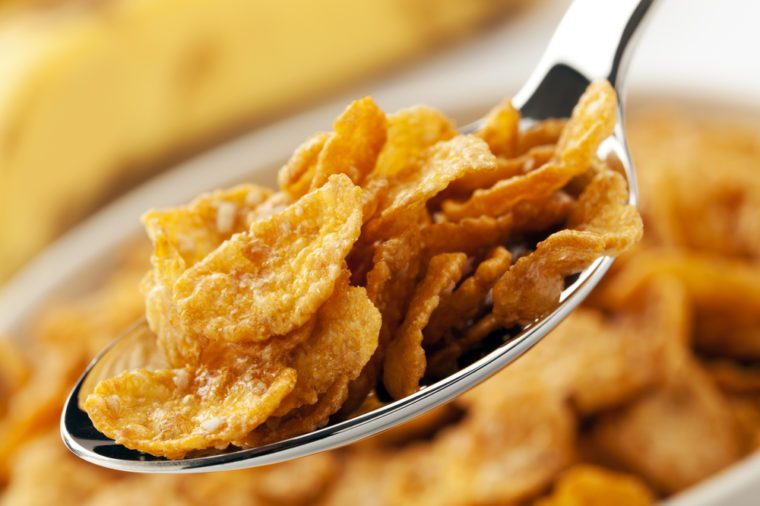 closeup of cornflakes on a spoon