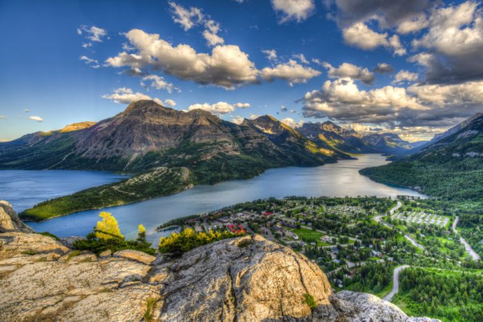 Mountain top views overlooking Waterton Lakes and Townsite, Waterton National Park Canada