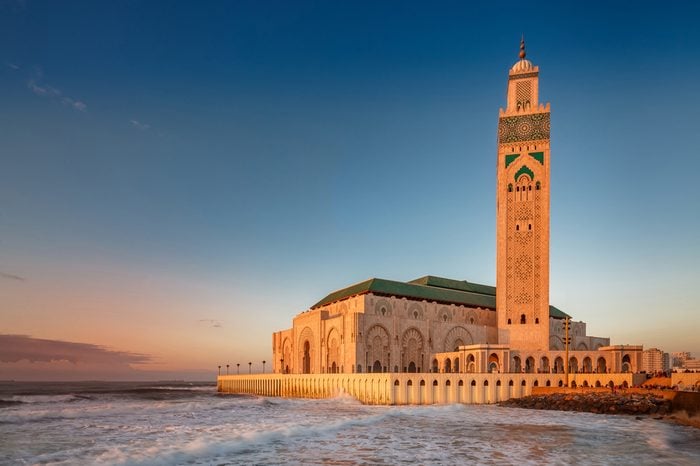 The Hassan II Mosque is the largest mosque in Morocco. Shot after sunset at blue hour in Casablanca.