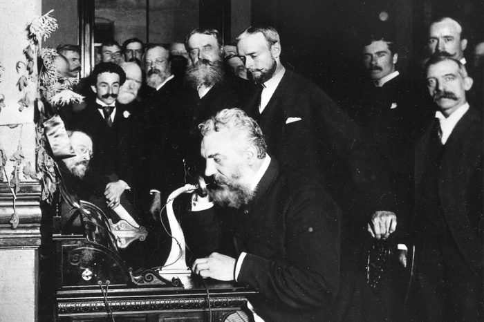 1892 - 'Early Photo Of Alexander Graham Bell, Inventor Of The Telephone, Talking Into An Early-style Telephone At The Opening Of The New York-chicago Line'
