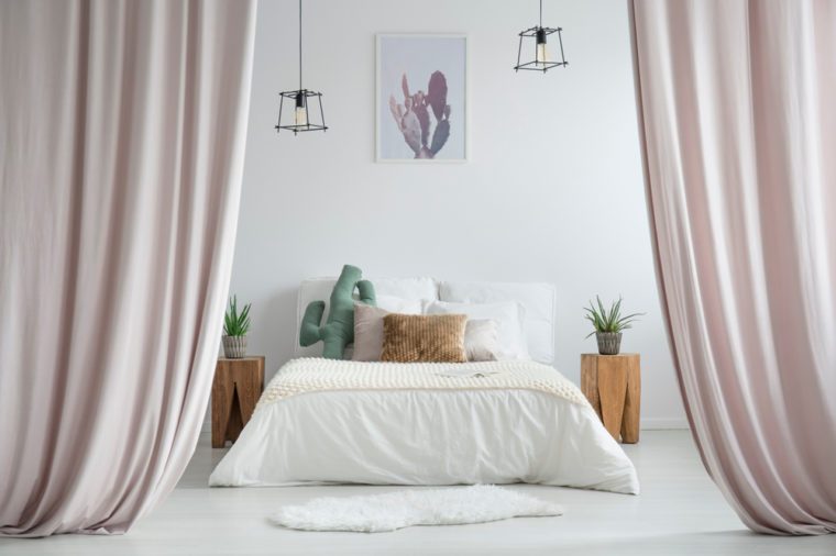 Pastel curtains in rustic bedroom with white rug and cacti on wooden stools next to king-size bed
