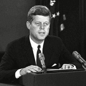 MISSILE SITE President John F. Kennedy makes a national television speech, from Washington. He announced a naval blockade of Cuba until Soviet missiles are removed