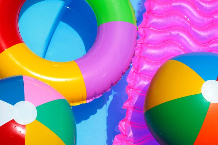 close up of a variety of colorful pool inflatables