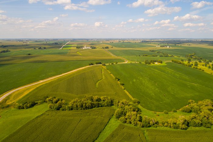 Aerial drone image of farmland landscape in Iowa USA