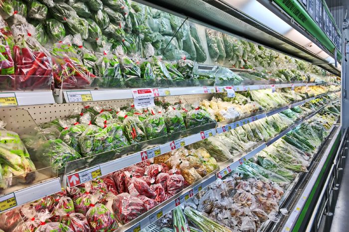 Bangkok, Thailand - September 24, 2017: Shelf of fresh vegetables in packaging for sale at Makro supermarket. Makro supermarket is a big supermarket in Thailand.