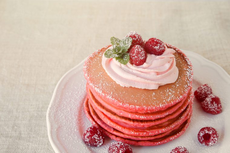 Red velvet pancakes breakfast with Christmas decoration