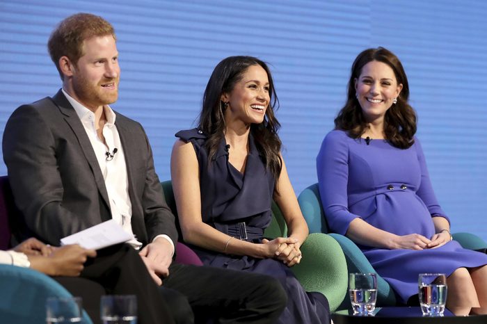 Britain's Kate, Duchess of Cambridge, right, with Prince Harry and his fiancee Meghan Markle attend the first annual Royal Foundation Forum in London, . Under the theme 'Making a Difference Together', the event will showcase the programmes run or initiated by The Royal Foundation