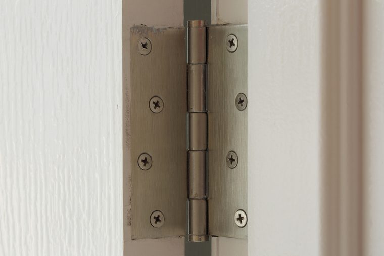stainless hinges on a white door