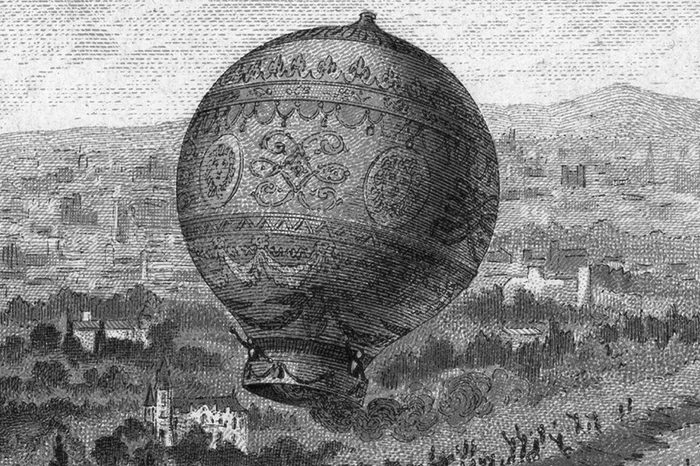 First manned free balloon flight, Pilatre de Rozier and the Marquis d'Arlandes, 21 November 1783, in Montgolfier (hot air) balloon from the Bois de Boulogne, Paris, France, travelling 9km in 25 minutes. Aeronautics Aviation Ballooning