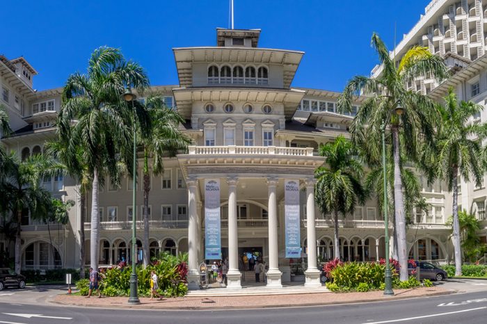 HONOLULU, HI - AUG 3: Front exterior panorama of the Moana Surfrider on August 3, 2016 in Honolulu. Known as the First Lady of Waikiki, is a famous historic hotel on the island of Oahu built in 1901.