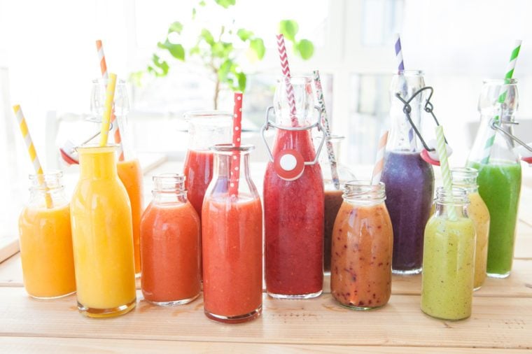 Variety of fresh smoothies in rainbow colors