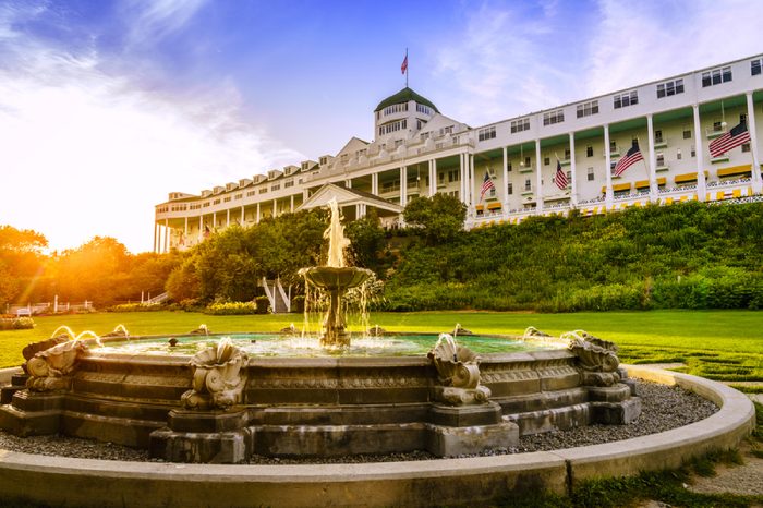 Mackinac Island, Michigan, August 8, 2016: Grand Hotel on Mackinac Island, Michigan. The hotel was built in 1887 and designated as a State Historical Building.