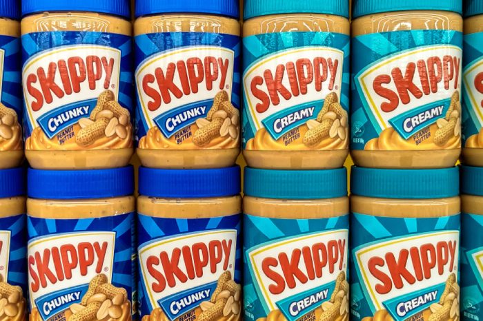 PENANG, Malaysia - January 1st 2018 : Skippy brand chunky peanut butter on a shelf in local supermarket.