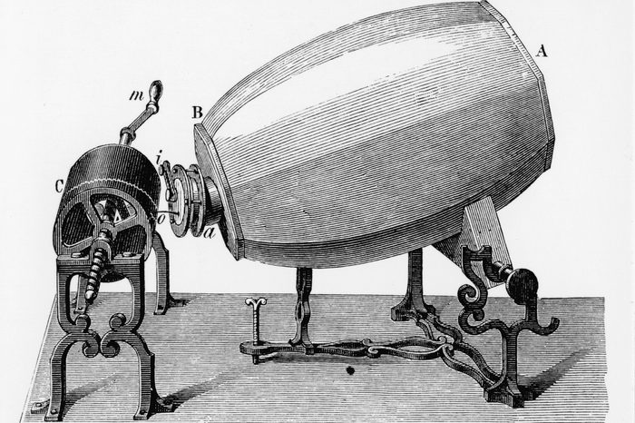 Phonautograph (c 1857) apparatus for studying sound vibrations graphically, invented by (Edouard) Leon Scott de Martinville. Plaster of Paris barrel with brass tube at a with hog's bristle attached to trace vibrations produced in AB on lampblacked cylinder C. Engraving 1906.