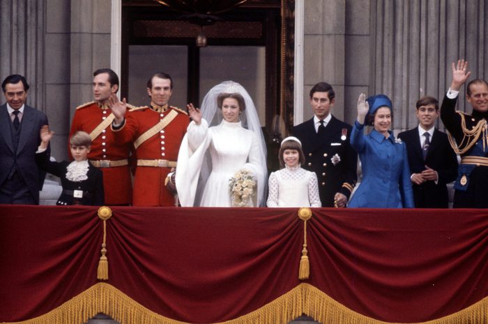 Prince Charles on the balcony of Buckingham Palace at his sister Princess Anne's wedding to Captain Mark Phillips with Prince Edward, Princess Anne, Prince Andrew, Queen Elizabeth II and Prince Philip