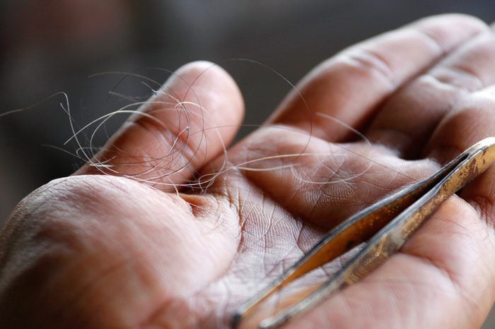 Gray hair : The gray hair was pulled together on the palm : Close up of white hair and iron clamp hair on the palms of men.
