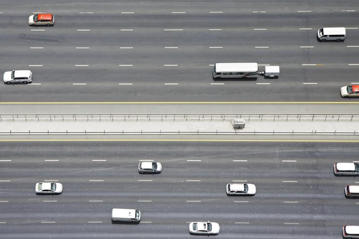 Overhead view of transport on Sheikh Zayed Road, Dubai, United Arab Emirates