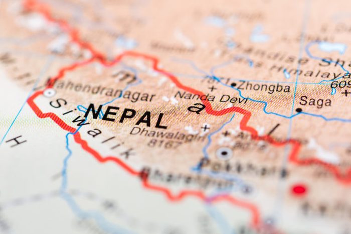 Map view of Nepal on a geogprahical globe